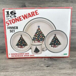 CR Seasons 16 Pcs Christmas Tree Stoneware Dinner Set Dishes Bowls Cups Platters